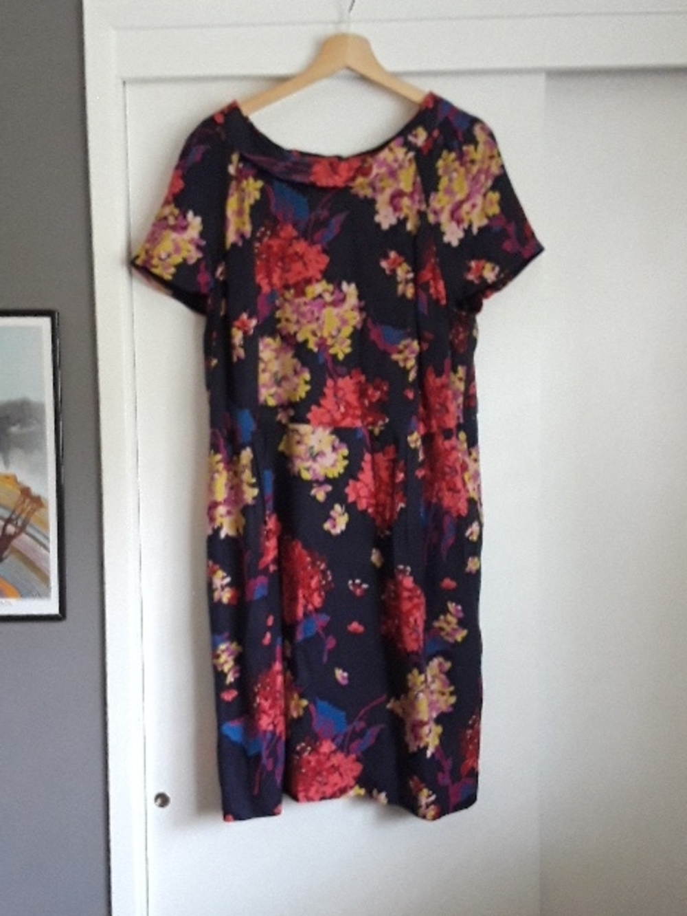 Boden Navy Silk Blend Dress Pink, Red & Yellow Floral Print